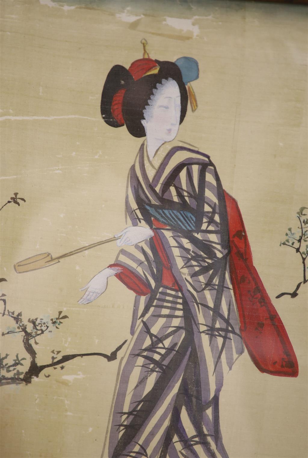 Chinese School, gouache on pith paper, Interior with ladies reading from scrolls, 19 x 31cm and three other pictures